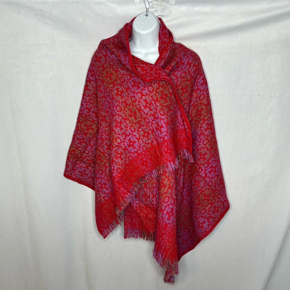 Vintage Red and Purple Patterned Fringe Wrap Shawl